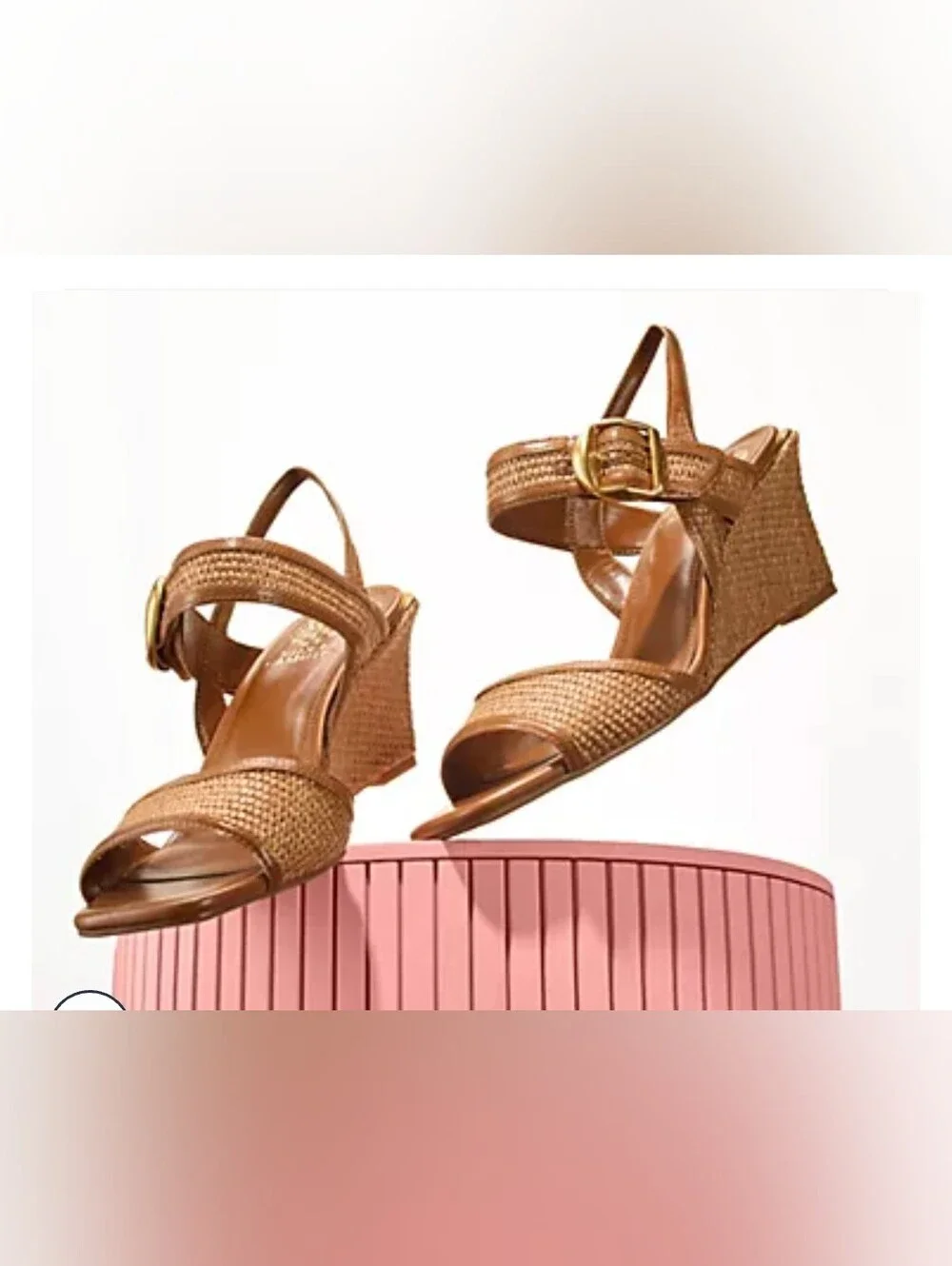 Vince Camuto Helcey Tan Leather/Raffia Slingback Wedge Heel Sandals